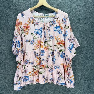 Chicsoul Blouse Women 1XL Pink Floral 3/4 Sleeve Rayon Tasseled Round Neck
